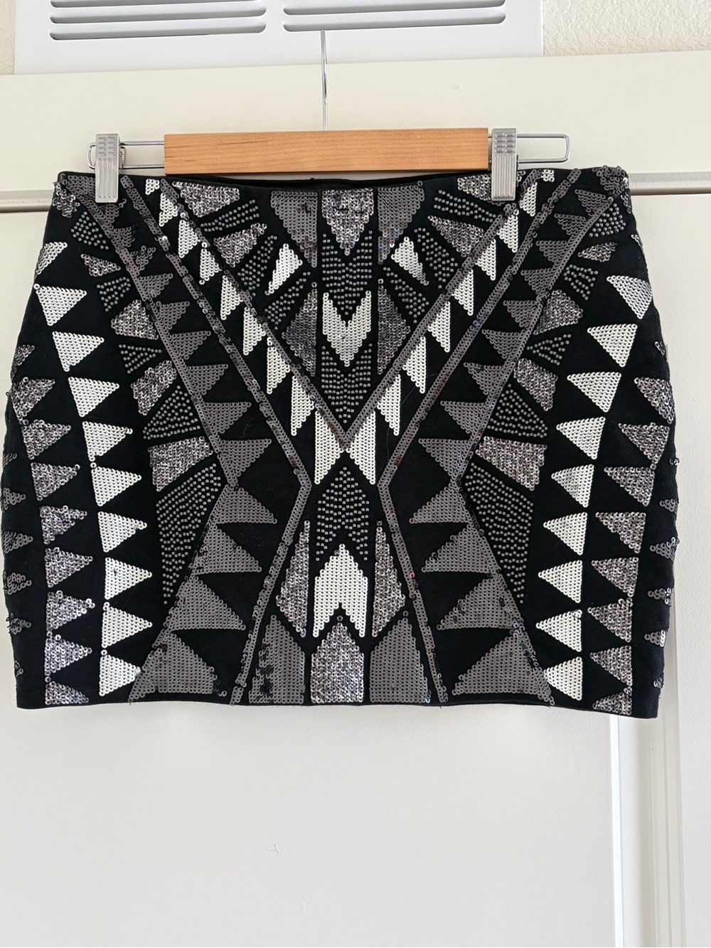 Express Black and Silver Aztec Sequin Mini Skirt
